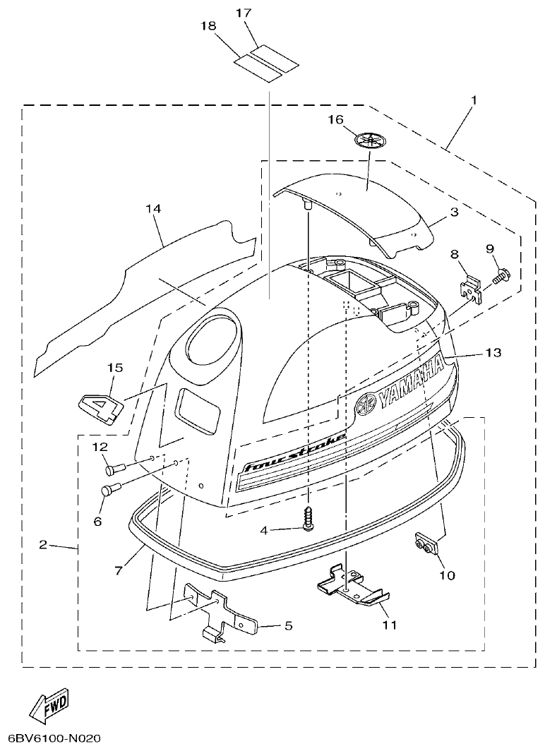 Yamaha F4BMH, F5AMH, F6CMH TOP COWLING parts diagram